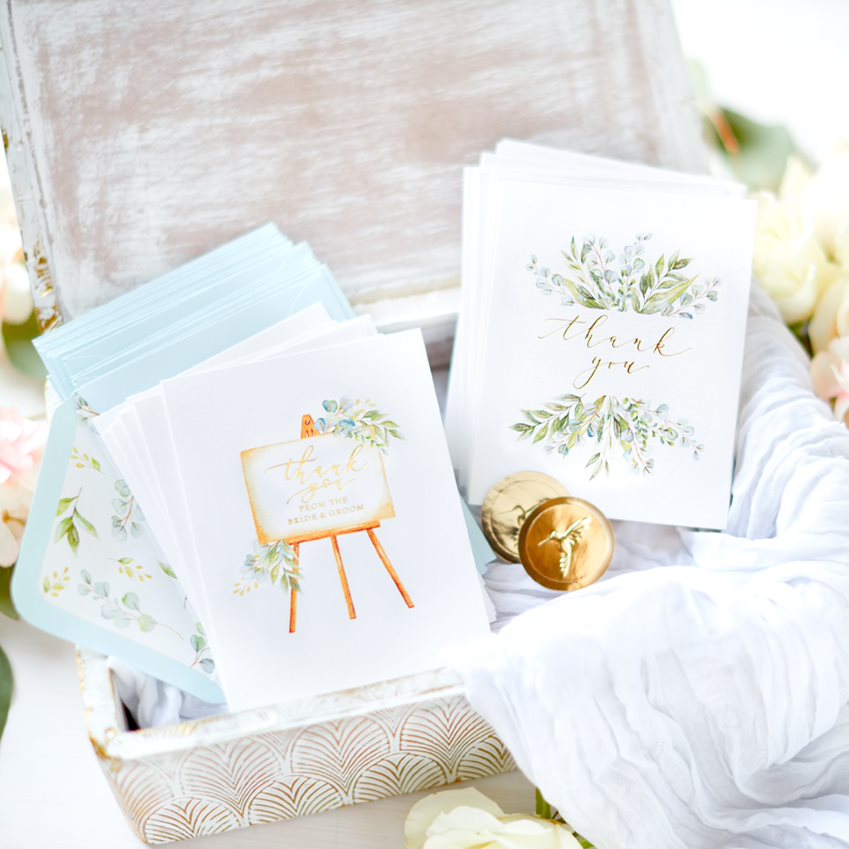 Eucalyptus wedding thank you stationery in white wood box