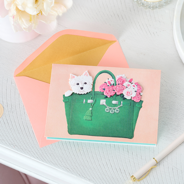 Mother's Day Dog Card with flowers on desk