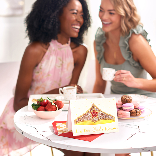 Women at tea with Wonder Woman Mother's day card
