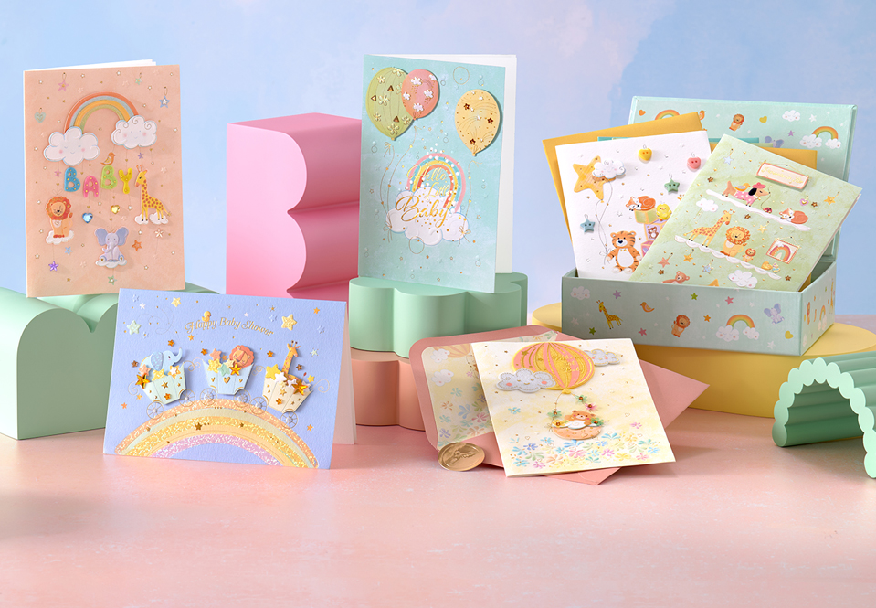 Baby card assortment stood up on a table