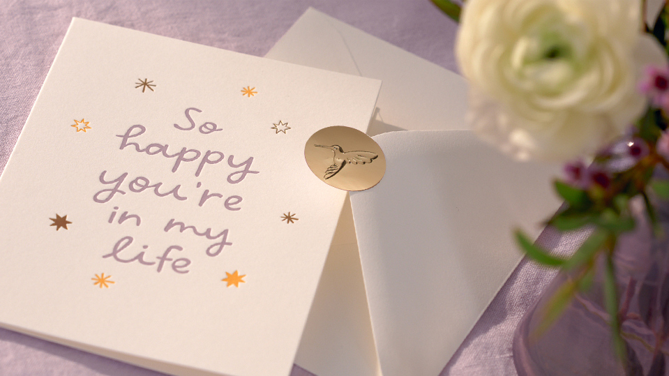 Card and envelope with hummingbird seal