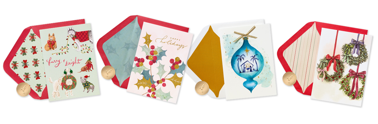 Christmas cards lined up in a row.