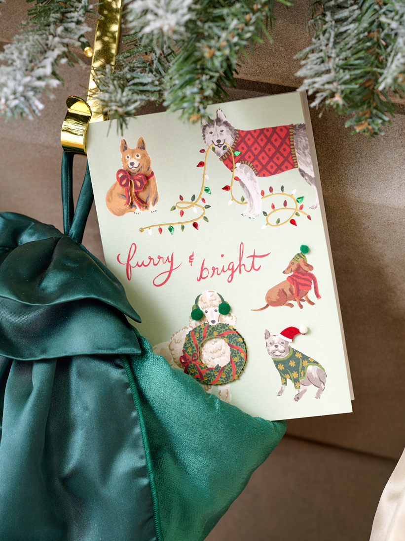 Dog themed card in a Christmas stocking