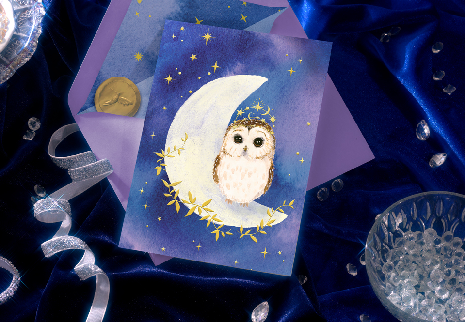 Dark Blue blank card with an owl