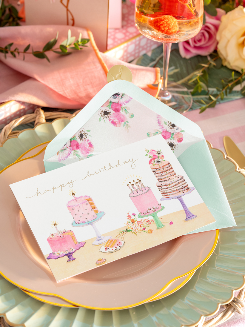 Papyrus Birthday Cake Card on floral place setting. 