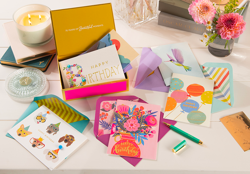 75th anniversary greeting card bundle spread out on a table