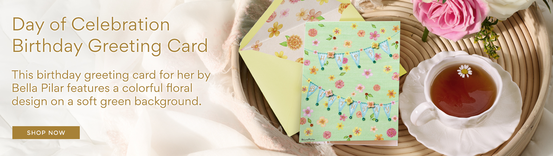 Day of Celebration Birthday Greeting Card. This birthday greeting card for her by Bella Pilar features a colorful floral design on a soft green background.