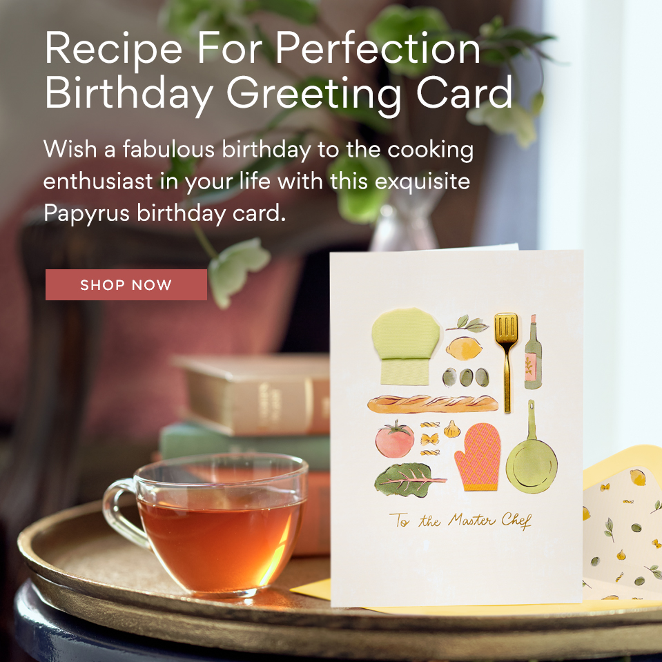 Recipe For Perfection Birthday Greeting Card. Wish a fabulous birthday to the cooking enthusiast in your life with this exquisite Papyrus birthday card.